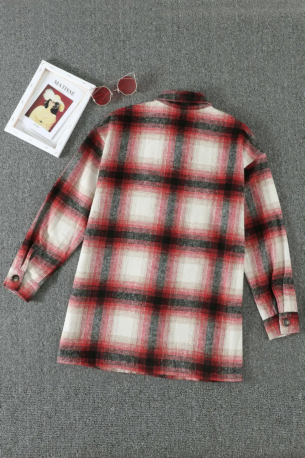 Red turn down neck plaid pocket button closure coat - shackets