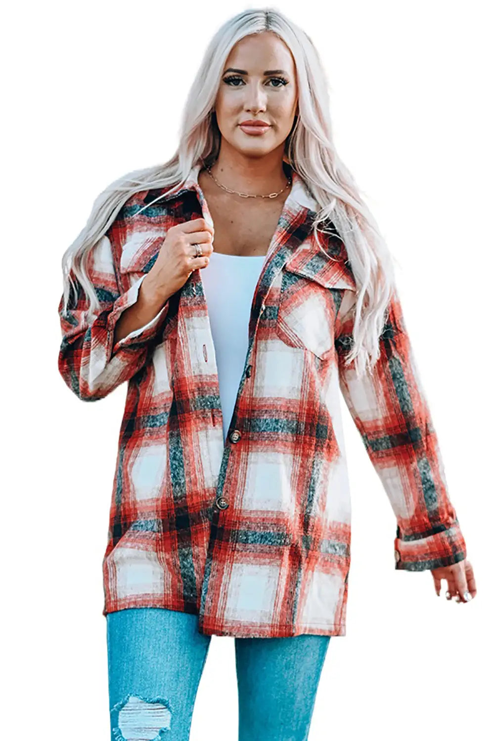 Red turn down neck plaid pocket button closure coat - shackets