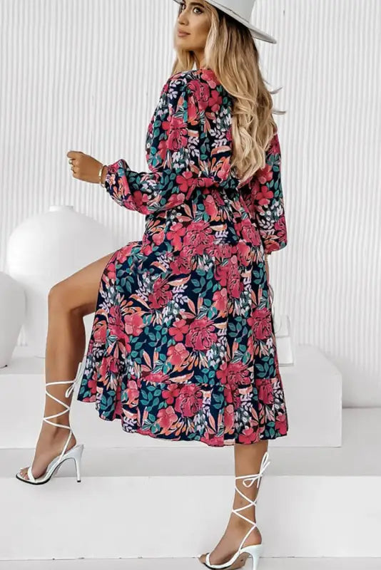 Red v neck elastic high waist split floral dress - dresses