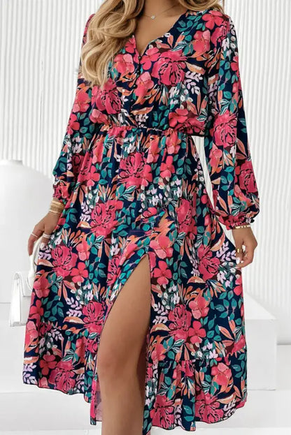 Red v neck elastic high waist split floral dress - dresses