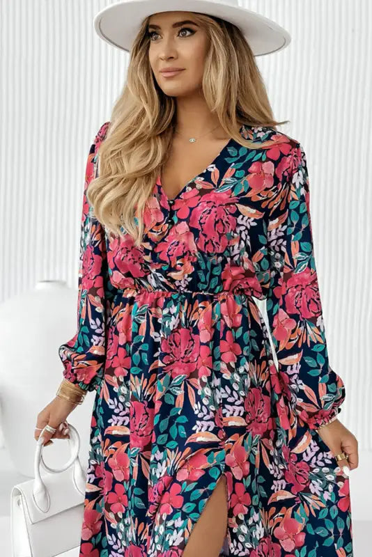 Red v neck elastic high waist split floral dress - dresses