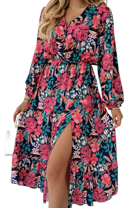 Red v neck elastic high waist split floral dress - dresses