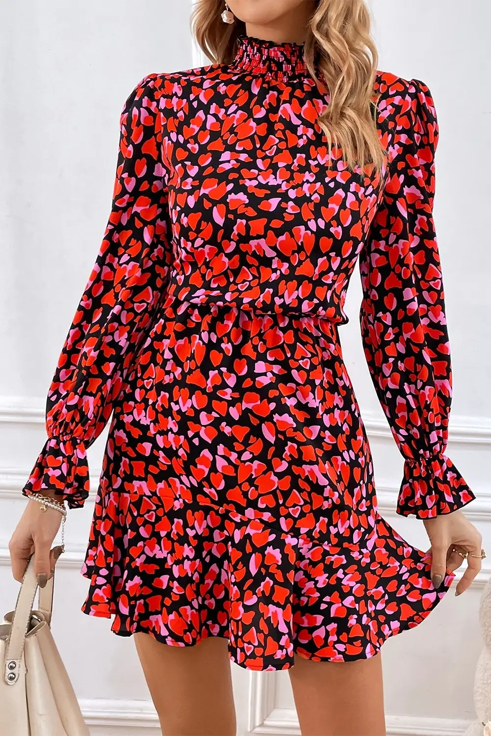 Red valentines day heart shape print long sleeve mini dress - l / 100% polyester - dresses