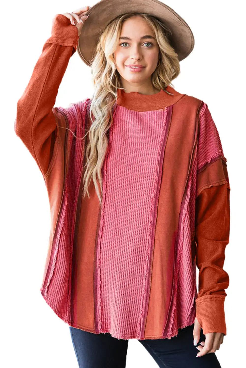 Red waffle knit ripped exposed seampatchwork top with thumbhole - long sleeve tops