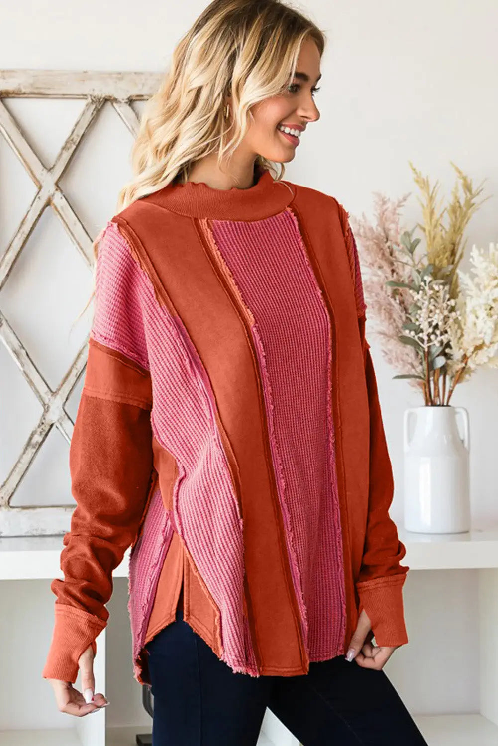 Red waffle knit ripped exposed seampatchwork top with thumbhole - long sleeve tops