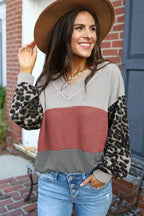 Red Wild Leopard Contrast Sleeve Colorblock Waffle Knit Top - Fashionfitz