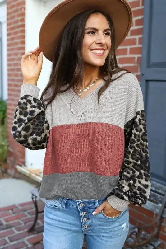 Red Wild Leopard Contrast Sleeve Colorblock Waffle Knit Top - Fashionfitz