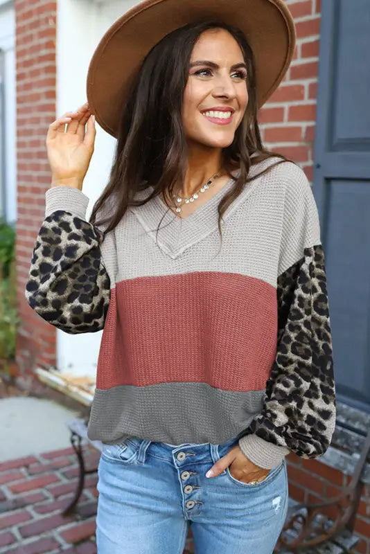 Red wild leopard contrast sleeve colorblock waffle knit top - long tops