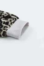 Red Wild Leopard Contrast Sleeve Colorblock Waffle Knit Top - Fashionfitz