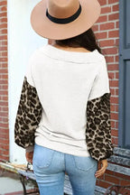 Red Wild Leopard Contrast Sleeve Colorblock Waffle Knit Top - Fashionfitz