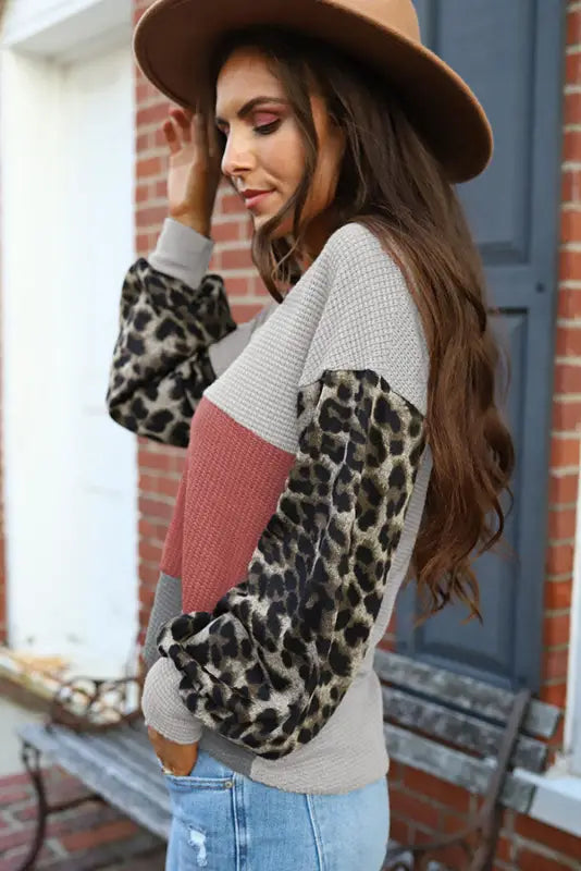 Red wild leopard contrast sleeve colorblock waffle knit top - long tops