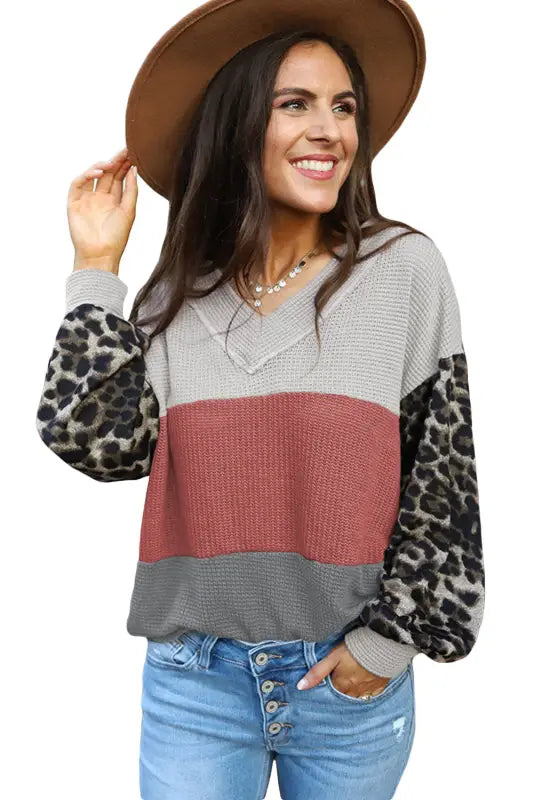 Red wild leopard contrast sleeve colorblock waffle knit top - long tops