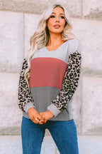 Red Wild Leopard Contrast Sleeve Colorblock Waffle Knit Top - Fashionfitz