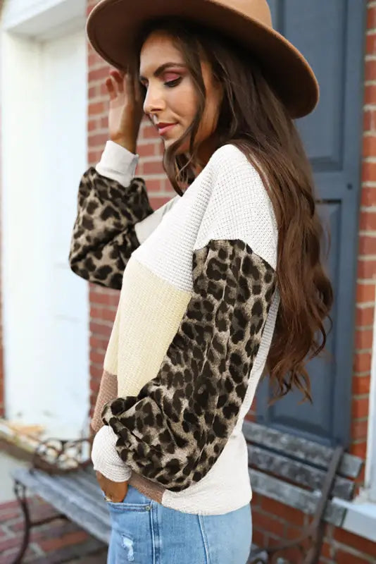 Red wild leopard contrast sleeve colorblock waffle knit top - long tops