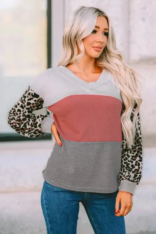 Red Wild Leopard Contrast Sleeve Colorblock Waffle Knit Top - Fashionfitz