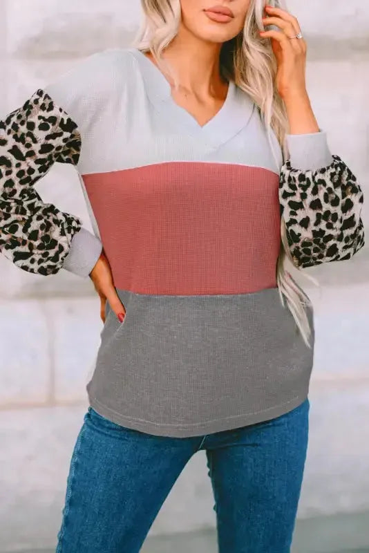 Red Wild Leopard Contrast Sleeve Colorblock Waffle Knit Top - Fashionfitz