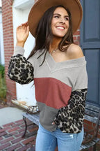 Red Wild Leopard Contrast Sleeve Colorblock Waffle Knit Top - Fashionfitz