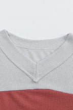 Red Wild Leopard Contrast Sleeve Colorblock Waffle Knit Top - Fashionfitz