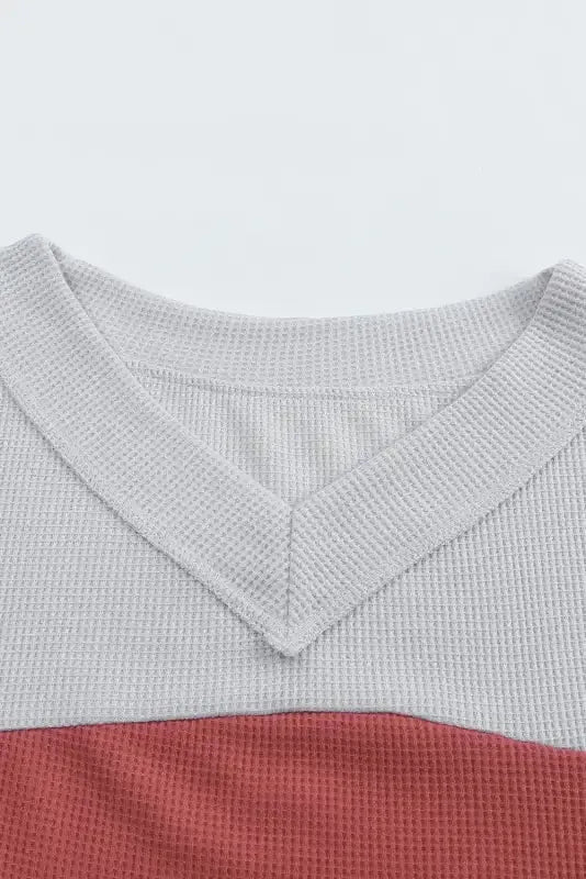 Red Wild Leopard Contrast Sleeve Colorblock Waffle Knit Top - Fashionfitz