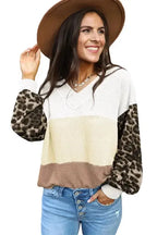 Red Wild Leopard Contrast Sleeve Colorblock Waffle Knit Top - Fashionfitz