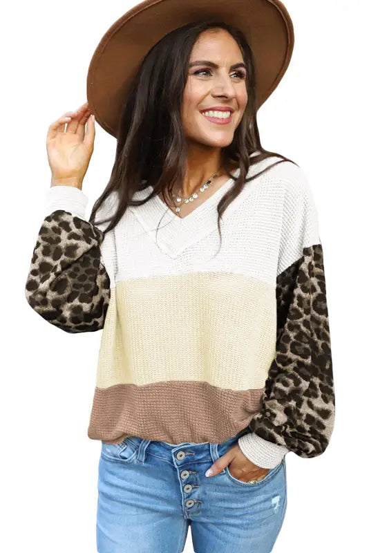 Red wild leopard contrast sleeve colorblock waffle knit top - long tops