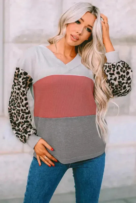 Red Wild Leopard Contrast Sleeve Colorblock Waffle Knit Top - Fashionfitz