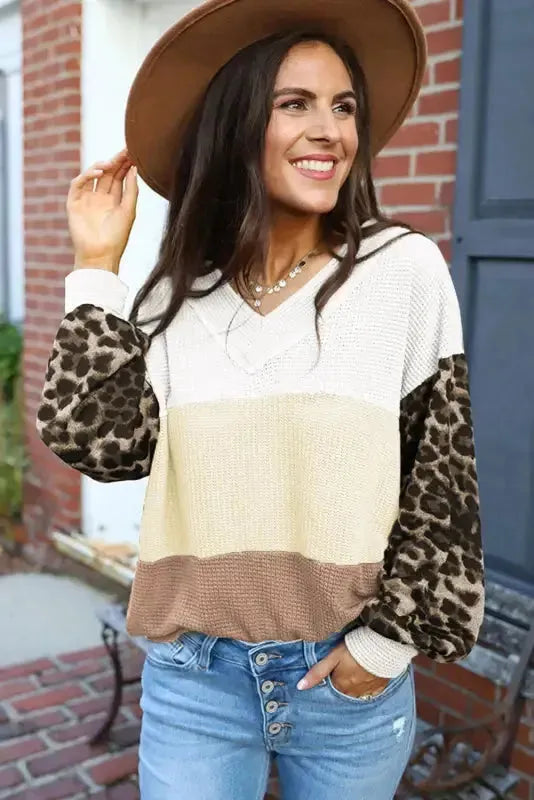 Red Wild Leopard Contrast Sleeve Colorblock Waffle Knit Top - Fashionfitz