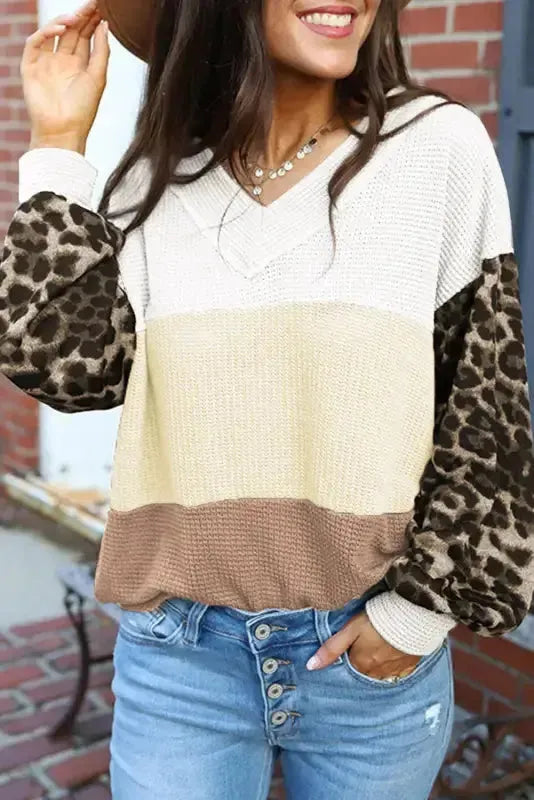 Red Wild Leopard Contrast Sleeve Colorblock Waffle Knit Top - Fashionfitz