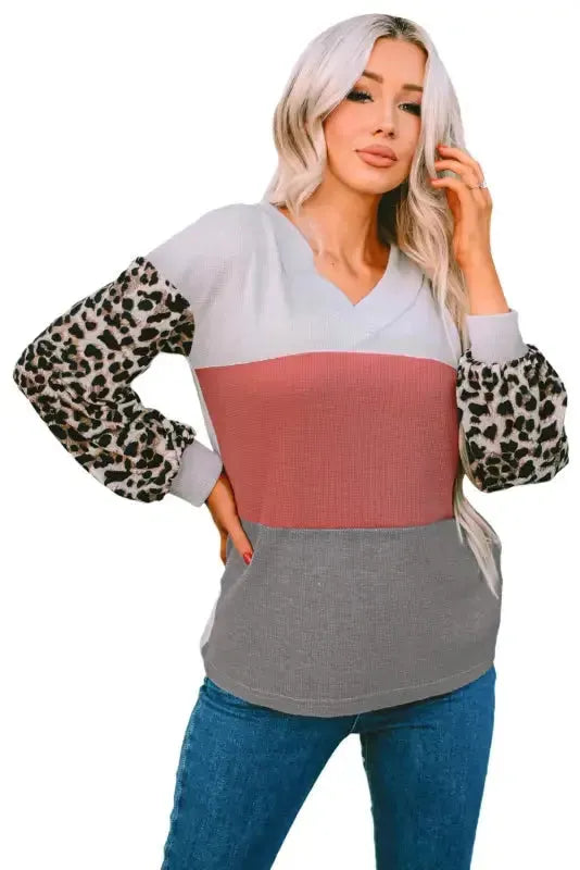 Red Wild Leopard Contrast Sleeve Colorblock Waffle Knit Top - Fashionfitz