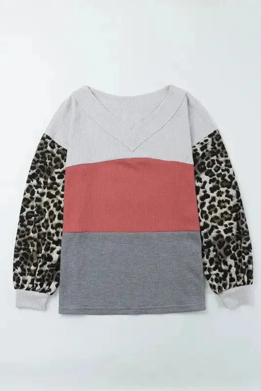 Red Wild Leopard Contrast Sleeve Colorblock Waffle Knit Top - Fashionfitz