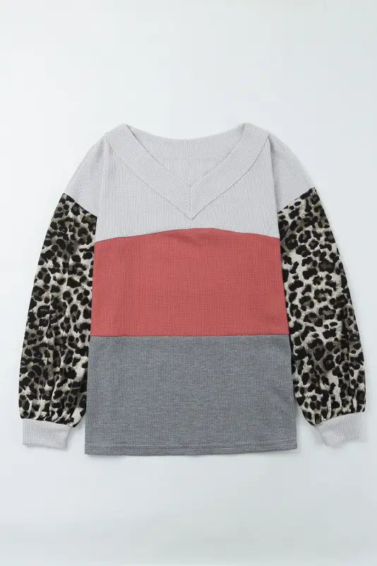 Red wild leopard contrast sleeve colorblock waffle knit top - long tops