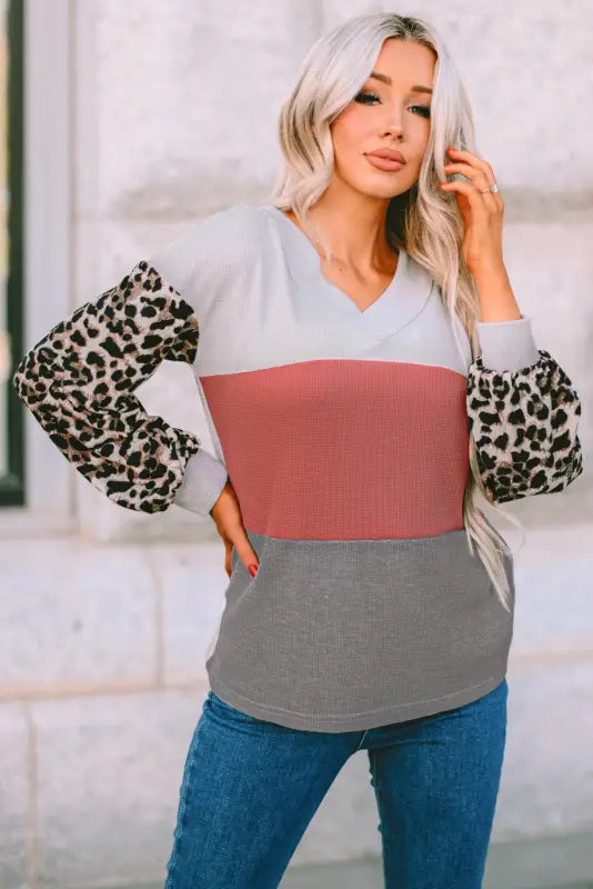 Red wild leopard contrast sleeve colorblock waffle knit top - long tops