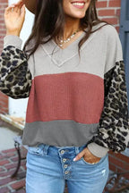 Red Wild Leopard Contrast Sleeve Colorblock Waffle Knit Top - Fashionfitz