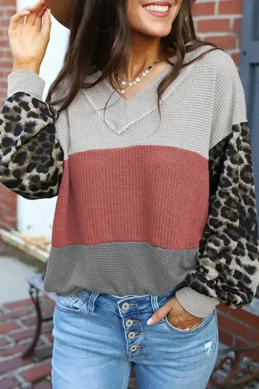 Red Wild Leopard Contrast Sleeve Colorblock Waffle Knit Top - Fashionfitz