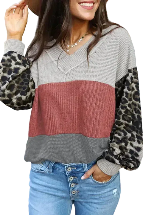 Red Wild Leopard Contrast Sleeve Colorblock Waffle Knit Top - Fashionfitz