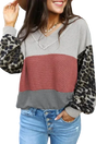 Red Wild Leopard Contrast Sleeve Colorblock Waffle Knit Top - Fashionfitz