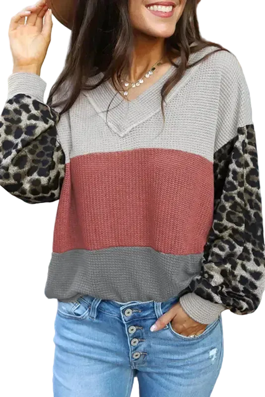 Red Wild Leopard Contrast Sleeve Colorblock Waffle Knit Top - Fashionfitz