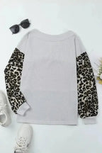 Red Wild Leopard Contrast Sleeve Colorblock Waffle Knit Top - Fashionfitz