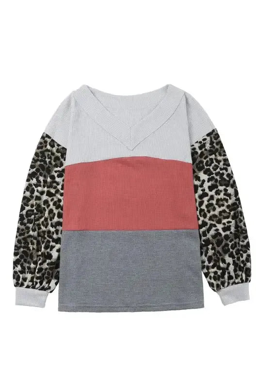 Red Wild Leopard Contrast Sleeve Colorblock Waffle Knit Top - Fashionfitz