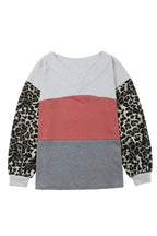 Red Wild Leopard Contrast Sleeve Colorblock Waffle Knit Top - Fashionfitz