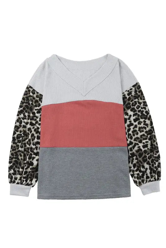 Red wild leopard contrast sleeve colorblock waffle knit top - long tops