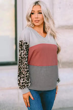 Red Wild Leopard Contrast Sleeve Colorblock Waffle Knit Top - Fashionfitz