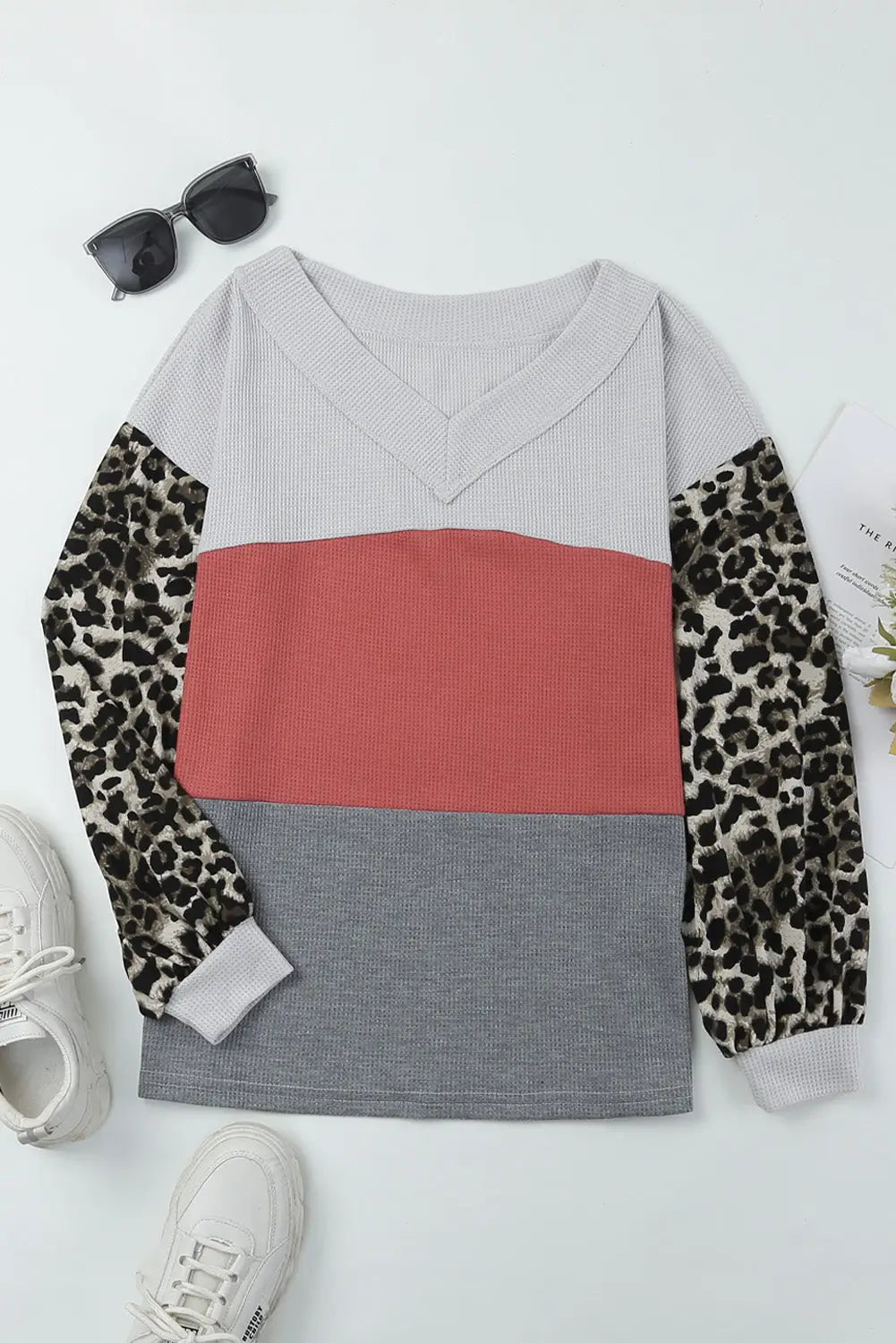 Red wild leopard contrast sleeve colorblock waffle knit top - long tops