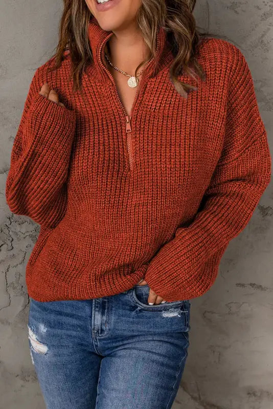 Red zipped turtleneck drop shoulder knit sweater - sweaters & cardigans