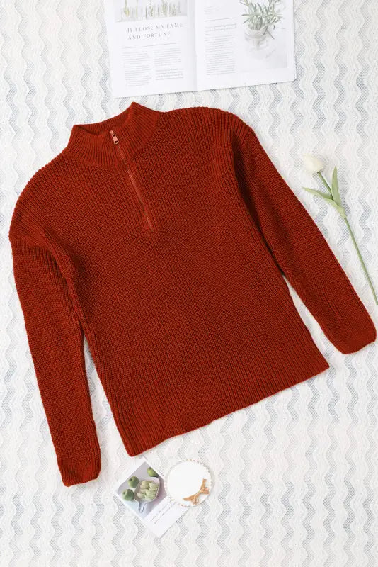 Red zipped turtleneck drop shoulder knit sweater - sweaters & cardigans