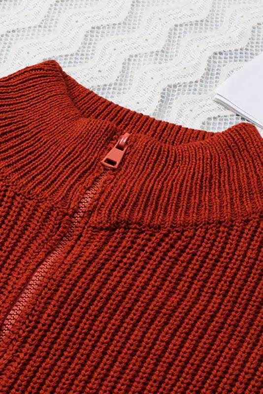 Red zipped turtleneck drop shoulder knit sweater - sweaters & cardigans