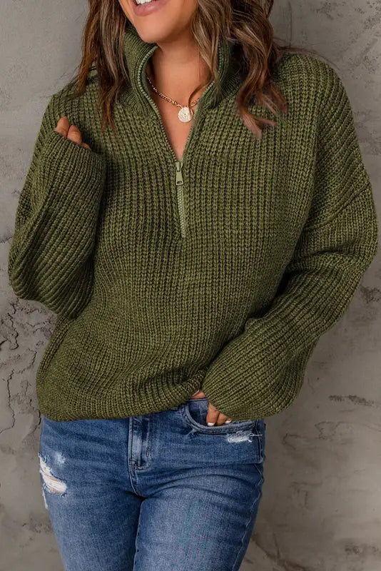 Red zipped turtleneck drop shoulder knit sweater - sweaters & cardigans