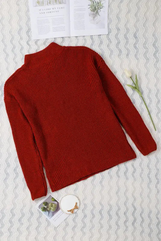 Red zipped turtleneck drop shoulder knit sweater - sweaters & cardigans