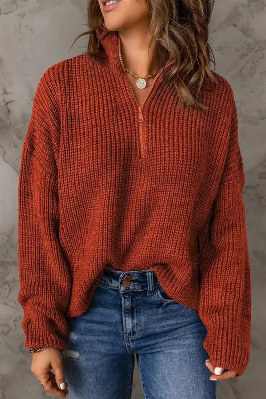 Red zipped turtleneck drop shoulder knit sweater - sweaters & cardigans