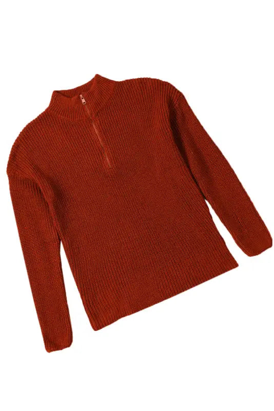 Red zipped turtleneck drop shoulder knit sweater - sweaters & cardigans